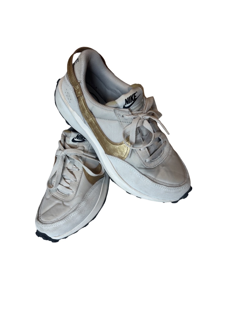 Nike Waffle Debut sneakers in a light orewood brown and metallic gold colorway